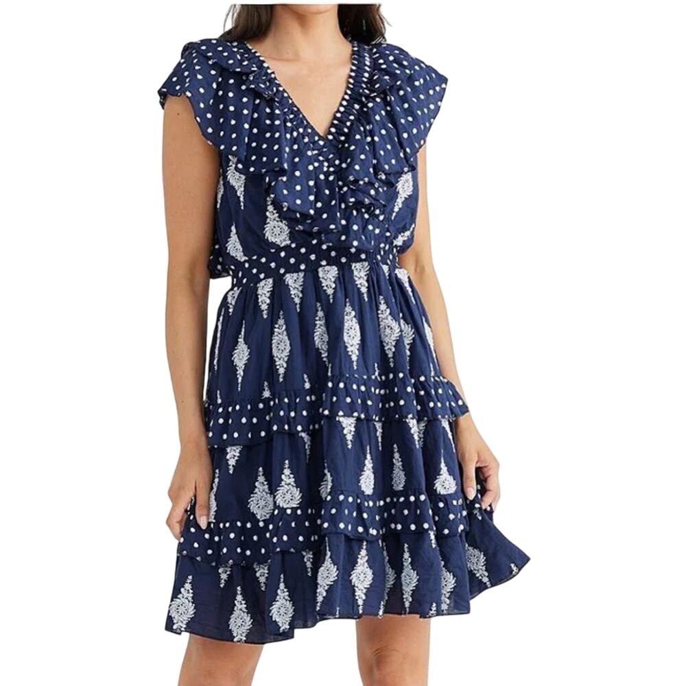 Talisman $224 Kiki Embroidered V Neck Ruffle Detail Open Back Dress Size M